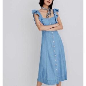 NWOT Madewell Denim Princess-Seamed Front Button Up Flutter Sleeve Maxi Dress 00